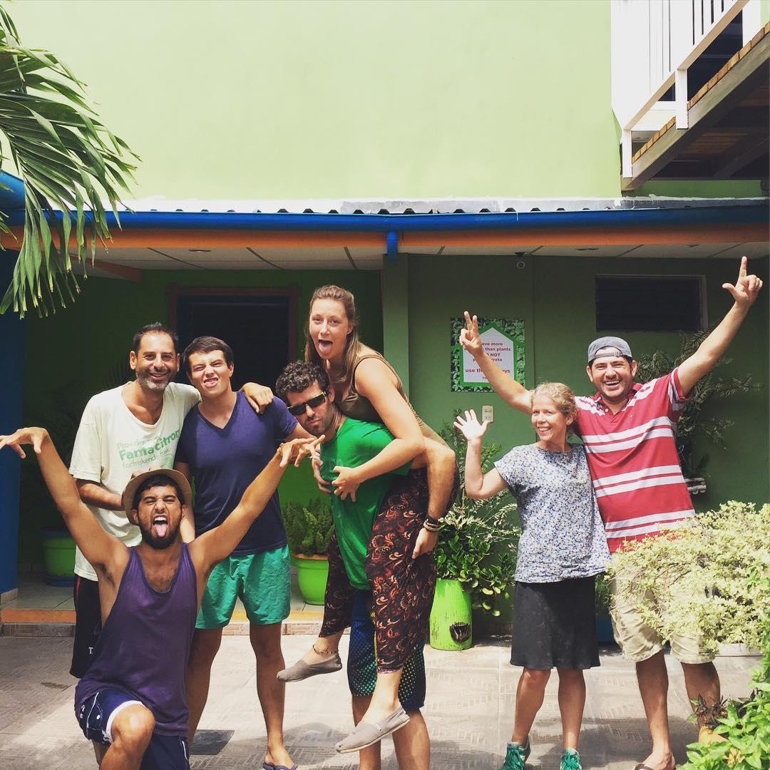best independent hostels, backpackers posing for a group picture at Casa Verde Santa Ana hostel, Santa Ana, El Salvador